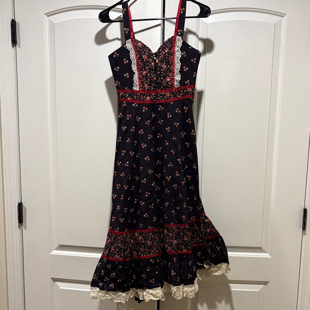 Gunne Sax Navy Floral Midi Dress with Red Accents size 7